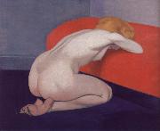 Felix Vallotton, Nude Kneeling against a red sofa